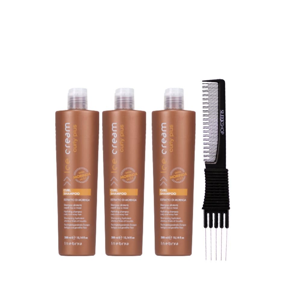 kussInebrya Ice Cream Curly Plus Curl Shampoo (10.14 oz) with Teasing Comb Pack of 3