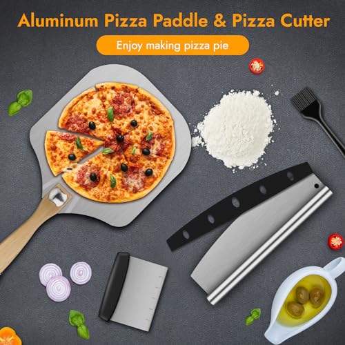 Pizza Peel, 12\" x 14\" Pizza Spatula for Oven, Aluminum Pizza Paddle with Cutter Scraper Pastry Brush, Pizza Peels Oven Accessories for Baking Homemade Pizza Dough Bread