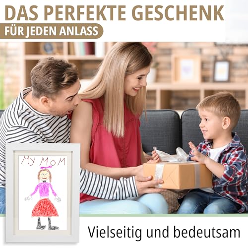 KIYARI Bilderrahmen Kinderzeichnungen A4 Weiß, Aufklappbar & Frontöffnung, für bis zu 150 Zeichnungen, Robustes Holz & bruchsicheres Glas, Ideal für Kunstprojekte, Kinderzimmer & Schule