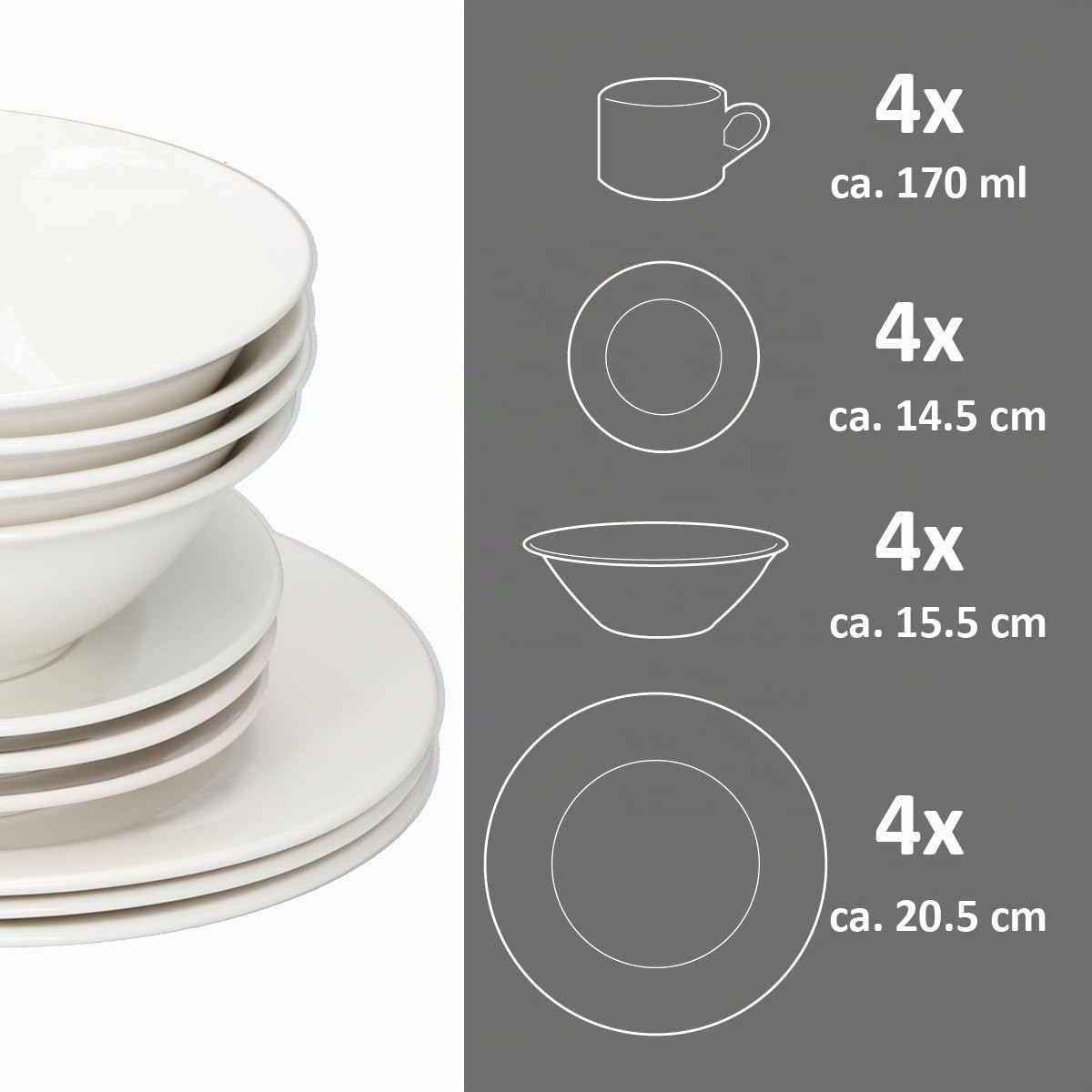 alpina Set Piatti e Ciotole Colazione - Set Piatti 4 Persone - Stoviglie in Terracotta - Piatti Colazione, Ciotole, Tazze e Piattini - Utilizzabili nel Microonde e in Lavastoviglie - Bianco