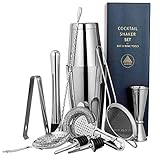 11-Piece Silver Cocktail Shaker Bar Set: Weighted Boston Cocktail Shakers, Strainers, Double Jigger, Muddler & Spoon, Ice Tong & 2 Liquor Pourers - Essential Mixology Bartender Kit