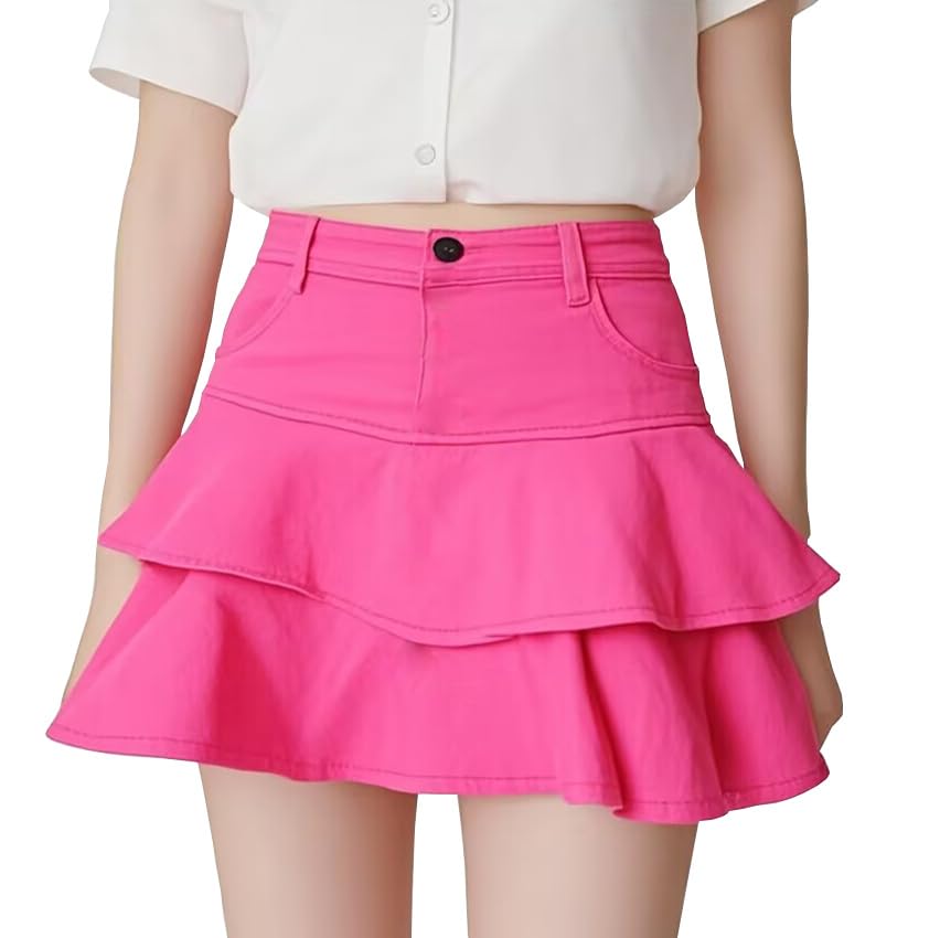 SHSEMO Women's Ruffle Multi-Layer Denim Skirt Casual A-Line Ruffle Y2K Mini Denim Skirt (US, Alpha, X-Large, Regular, Regular, Pink)