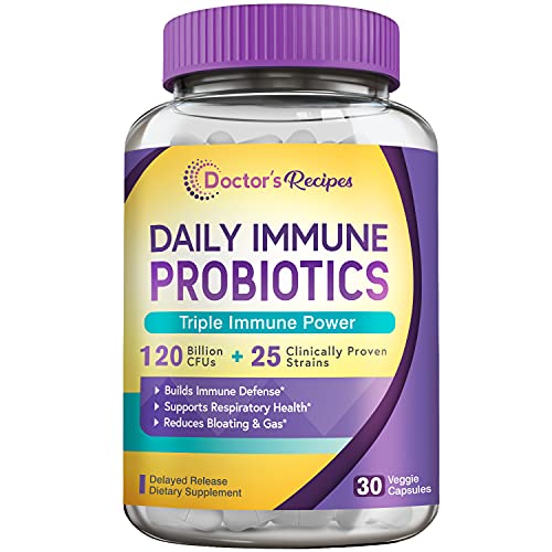 Doctor's Recipes Probiotics 120 Billion CFUs, 25 Immune Support Strains, Prebiotic, Digestive Enzymes, Daily Immune System Booster, Triple Power Immune Respiratory Digestive, Shelf Stable, 30 Capsules
