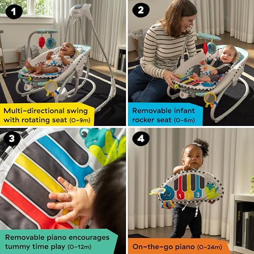 Baby Einstein Explorers Kick to It 4-in-1 Musical Swing & Rocker, with Removable Piano Toy, Ages 0 Months and Up