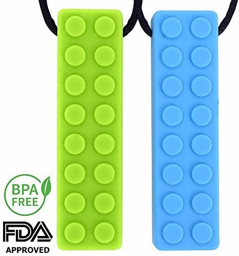 CAMOK Sensory Chew Necklace Chewy Toys - Silicone Teether for Boys, Girls, Kids - Chewable Jewelry for Autism, ADHD, Oral Motor, Biting and Teething - 2 Pack (Green & Blue) by