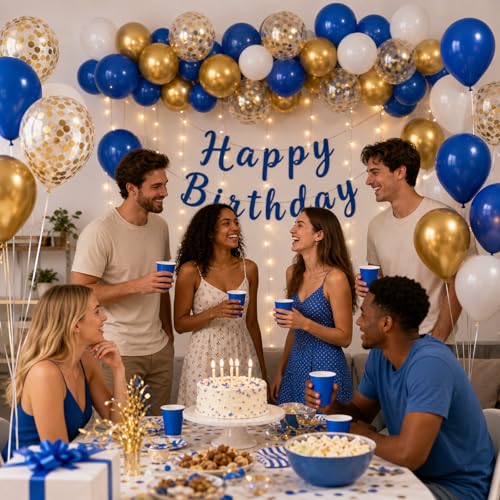 Image of KBZVNAF Royal Blue Gold White Balloons - 60 Pack 12 inch Metallic Gold Confetti Latex Party Balloons for Birthday, Baby Shower, Wedding, Graduation Party Decorations