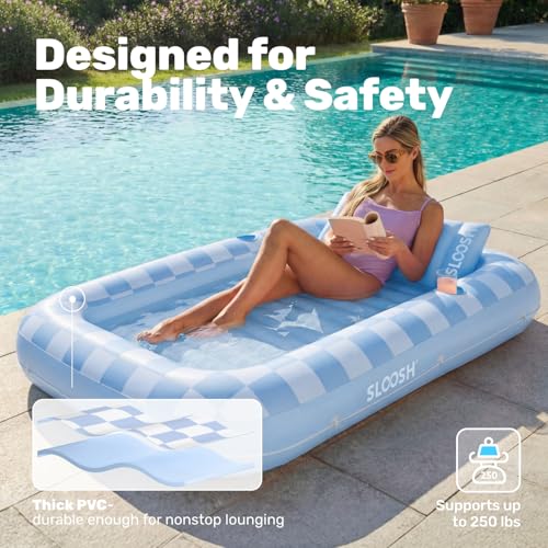 SLOOSH Inflatable Tanning Pool Lounger Float, 70" x 46" Pool Floats Adult with Pillow, 4 in 1 Suntan Tub Raft Floatie,Sunbathing Bed Lounge for Water Blow Up Ball Pit Party Gifts, Blue Checker by Sloosh - Image 5