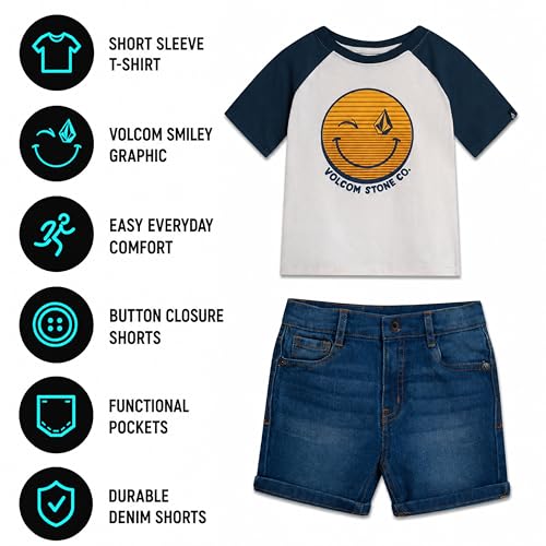 Image of Volcom Infant Toddler Boy Shorts Set - 2 Piece Short Sleeve Graphic Tees & Denim Shorts - Toddler Summer Clothes (12M-7)