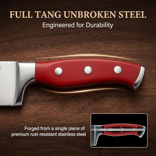 Image of McCook Knife Sets, High Carbon Stainless Steel Kitchen Knife Block Sets with Built-in Sharpener, 15 Piece, Forged Triple Rivet,Full Tang, Elegant Red & Stylish Wooden Block for Modern Culinary