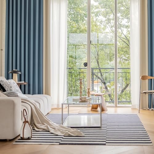 Rideaux bicolores bleu et blanc laiteux en patchwork texturé premium - 2
