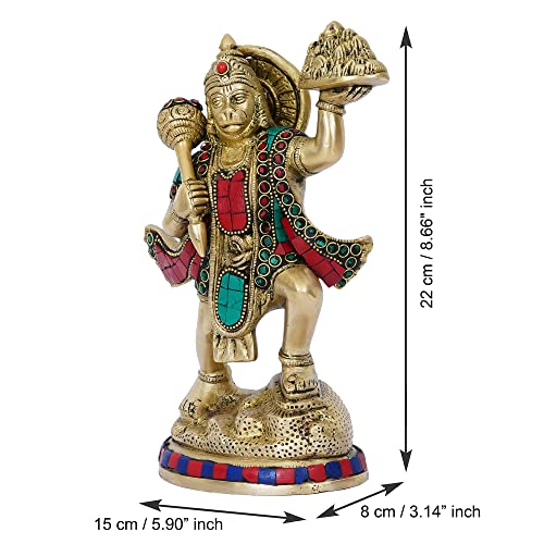 Image of eCraftIndia Golden and Colorful Stone Work Handcrafted Brass Lord Hanuman Statue Carrying Sanjeevani Mountain - Religious God Idol for Home, Office, Temple - Gift for Hanuman Jayanti Festival