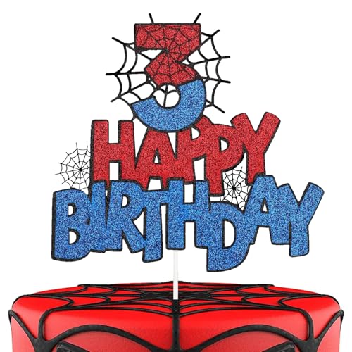 Decoração bolo de aniversário 3 anos, vermelho e azul Topper per per bolo, Happy Birthday Cake Topper com design de teia de aranha, enfeites para bolos, decoração de aniversário infantil 3 anos (3)