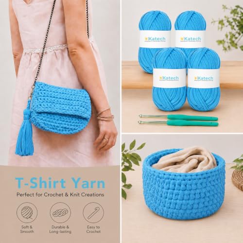 Image of Katech 400g T-Shirt Yarn for Crocheting, Elastic Fabric Yarn for Bag-Blue