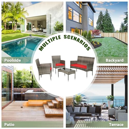 Image of PayLessHere Outdoor Furniture Set 4 Pcs Modular Patio Furniture Set Water Resistant Conversation Set with 3 Rattan Chairs 1 Tempered Glass Topped Table for Patio Poolside, Gray Wicker /Red Cushions