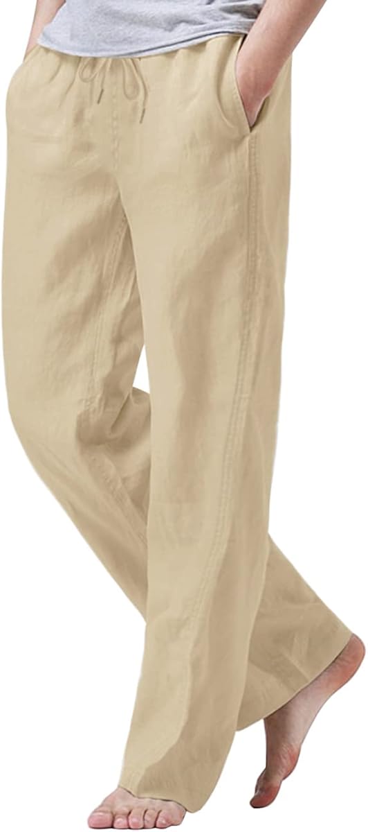 iWoo Mens Casual Linen Pants Yoga Pants 2025 Summer Travel Beach Elastic Drawstring Waist Pajama Work Pant Baggy Pj Khaki L at Amazon Men’s Clothing store