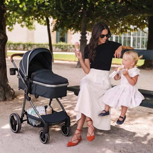 Image of INFANS 2 in 1 Baby Stroller, Newborn Convertible Stroller Bassinet for Infant, Foldable High Landscape Shock Absorption with Reversible Seat, Aluminum Structure for Toddler Pushchair 0-36 Month