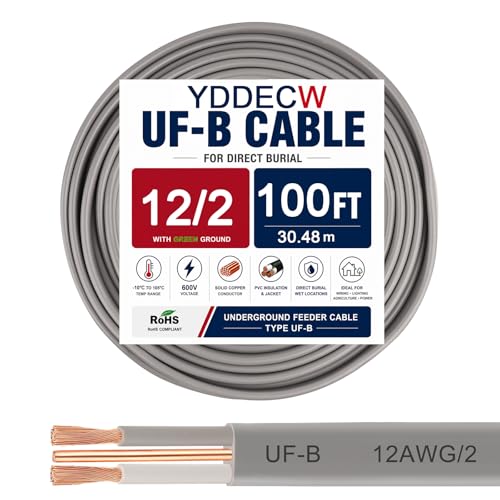Image of 12 /2 UF-B Wire - 100FT 100% Pure Copper 12AWG 2 Connector Direct Burial Electrical Cable 12 Gauge for Underground Feeder Wet or Corrosive Locations Indoor & Outdoor etc
