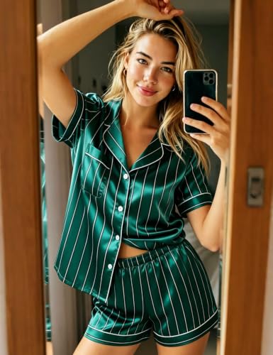 Image of LecGee Womens Silk Satin Pajamas Short Sleeve Loungewear Two-Piece Sleepwear Button-Down Pj Set