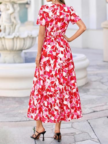 Image of BTFBM Womens Summer Floral Maxi Dresses V Neck Short Sleeve Boho Casual Flowy Long Wedding Guest Dress Beach Vacation