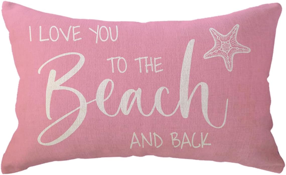 Beach Decorative Lumbar Pillowcase I Love You to The Beach and Back Throw Pillow Cover Summer Holiday Cushion Case 12×20 Inches for Sofa/Couch/Patio (Pink)