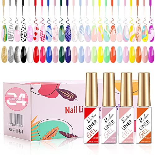 Rechoo 24pcs uv Gel Liner Ongles, 8ml Lot Vernis Semi Permanent Liner, Rainbow Couleurs Liner Gel Polish Nail Art, Soak Off pour la Peinture au Trait, Kit de Manucure pour Salon de Conception d'ongles
