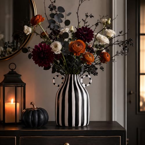 Image of Black and White Striped Ceramic Vase with Double Ring Handles