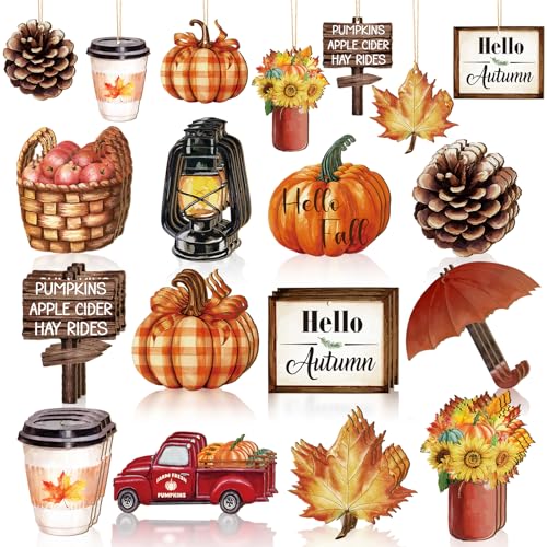 36PCS Wooden Fall Ornaments for Tree Thanksgiving Decorations,12 Styles Harvest Ornament Vintage Pumpkin Maple Leaf Cutouts for Crafts Hanging Autumn Decorations, Coffee Mug Gift Tags Hello Fall Truck