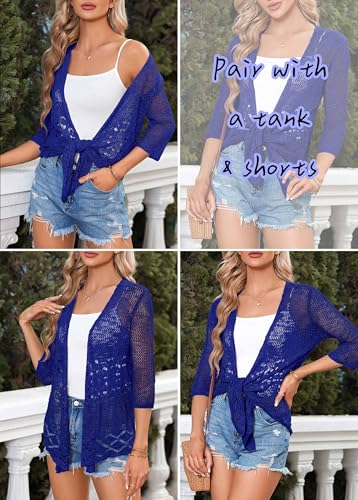 Image of Nulibenna Womens Sheer Shrug Sweaters 3 /4 Sleeve Open Front Tie Cardigan Bolero Jacket Lightweight Crochet Knit Cover Up Tops