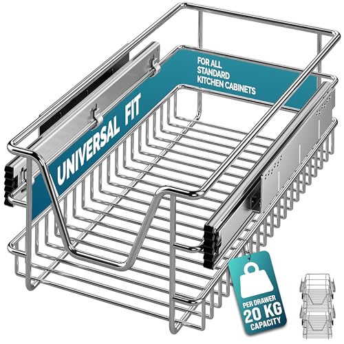 CASARIA® 2x Pull Out Telescopic Kitchen Drawer | For 30cm Units - 26cm Internal Cabinet Dimensions | Chrome-Plated | 20kg Load Capacity | Basket Shelf Organiser Storage Space Saving