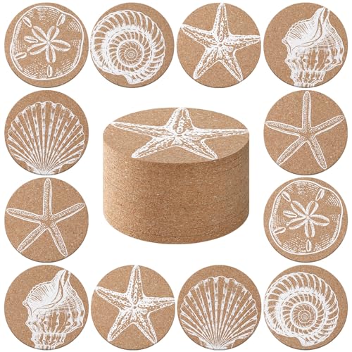 Ferrochef 12 Pcs Coastal Coasters for Drinks Beach Cork Sea Shell Mat Gift
