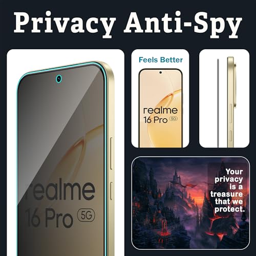 Image of ArmourPro Anti-Spy Privacy Tempered Glass for Realme 16 Pro - Anti Peeping Screen Protector, Edge to Edge Full Coverage, 9H Hardness, Easy Installation Kit | Pack of 2