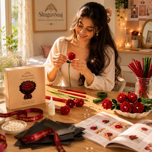 Image of ShagunSaaj Pipe Cleaner for Bouquet DIY Craft Flowers Kit - Fuzzy Chenille Stems & Fluffy Sticks for Arts & Crafts, Creative School Projects, Kids Craft Supplies, Home & Party Decor (Red Bouquet Kit)