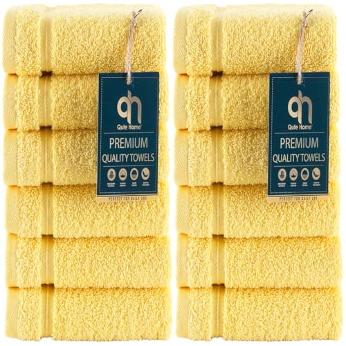 Qute Home 12-Piece Washcloths Towels Set, 100% Turkish Cotton Premium Quality Towels for Bathroom, Quick Dry Soft and Absorbent Turkish Towel, Set Includes 12 Wash Cloths (Yellow)