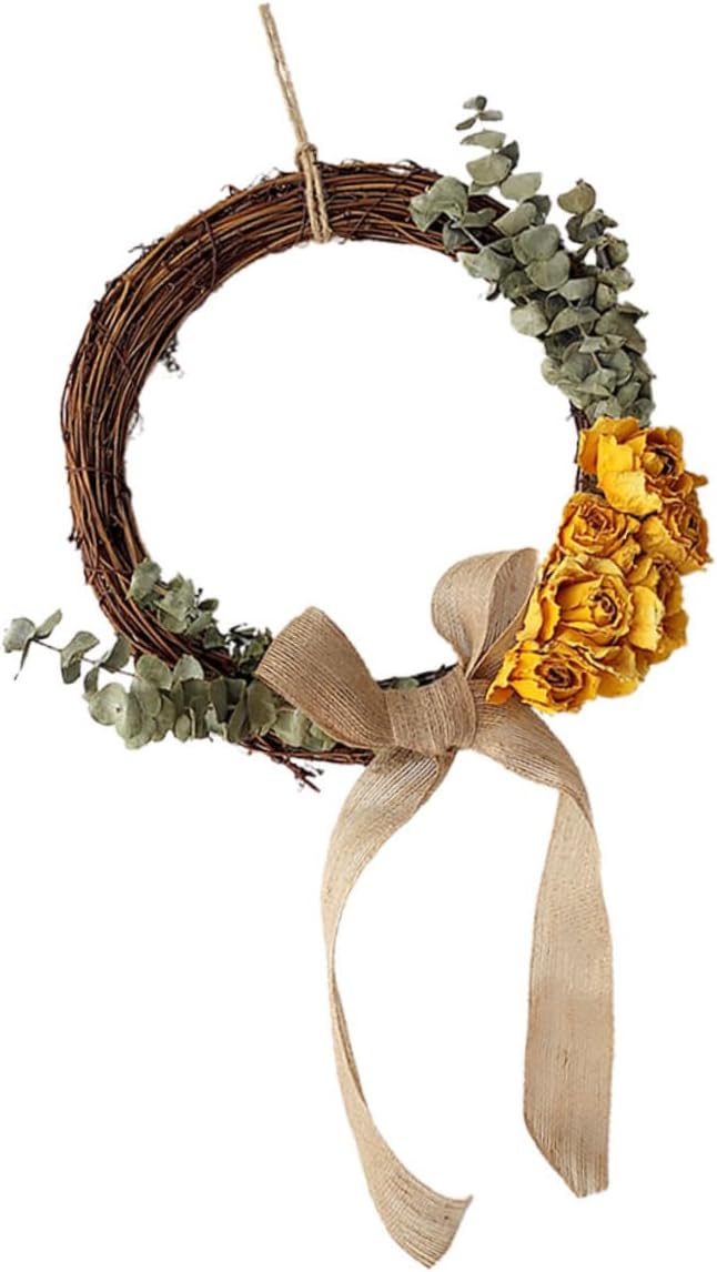 ULTECHNOVO 1pc Dried Yellow Rose Garland Floral Pendant for Weddings Home Decor Parties Eucalyptus Leaf Wreath Premium Quality Dry Flower Decor for Unique Celebrations