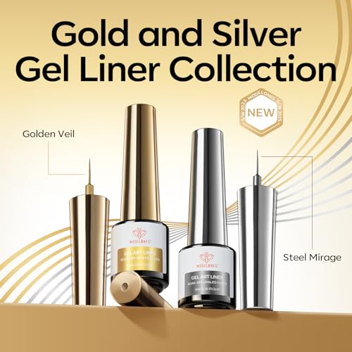 Image of modelones Metallic Gold Silver Gel Liner Nail Polish 2 Pcs Chrome Mirror 3D Effect Nail Art Polish Bronze Thin Brush For Swirl Soak Off French Tip DIY Salon Nail Glue Manicure Gift For Women Girls