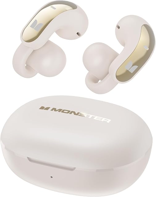 Monster Écouteurs sans fil, écouteurs Clip-On, confort adaptatif, audio immersif, Bluetooth 6.0 Ecouteurs d'oreille ouverts IPX5 imperméable, 30H Temps de jeu blanc