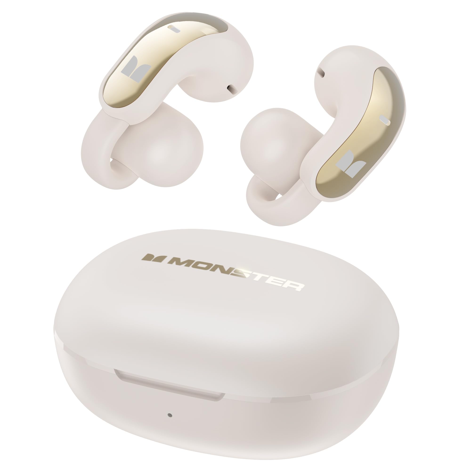 Monster Open Ear Wireless Headphones, Clip-On Earbuds, Adaptive Comfort, Immersive Audio, Bluetooth 6.0 Open Ear Earbuds IPX5 Water Resistant, 30H Playtime White