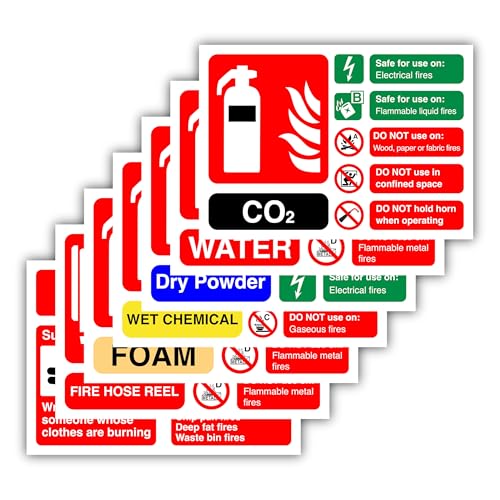 Pack of 7: Water, CO2, Dry Powder, Foam, Wet Chemical, Fire Hose Reel, Fire Extinguisher ID & Fire Blanket Signs – Self-Adhesive Polypropylene Glossy-Laminated Stickers (105mm x 148mm)