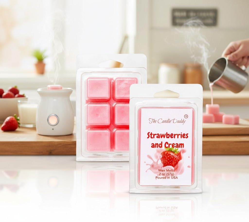 The Candle Daddy - Strawberries & Cream - Sweet Strawberry with Cream Scented Melt- Maximum Scent Wax Cubes/Melts- 1 Pack -2 Ounces- 6 Cubes
