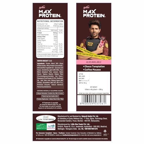 Image of RiteBite Max Protein Strawberry Truffle 10g Protein Millet Wafer Bars (Pack of 6), No Maida, No Palm Oil, Zero Added Sugar, Crunchy Wafer Snack, 240g