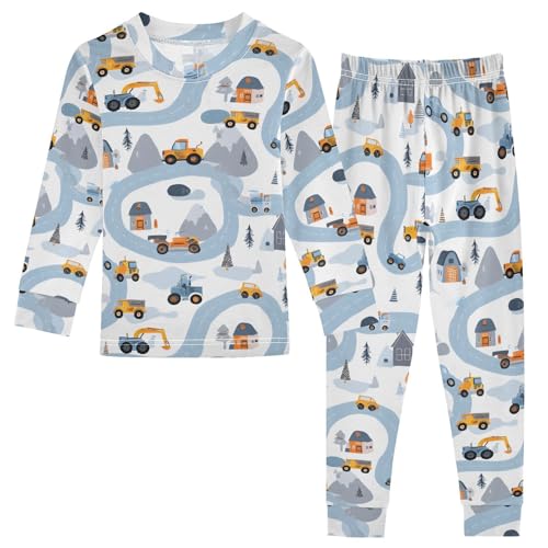 Cartoon Pajamas Set Blue Road Vehicle Pattern Long Sleeve PJs Cotton Jammies Sleepwear Top and Pants