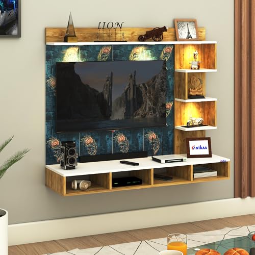 Image of Anikaa Laura Engineered Wood Wall-Mount TV Unit with Printed PVC Back Panel & LED Lights | TV Cabinet with Storage Box & Decorative Shelves (Giantwood /White) for TVs up to 43Inch | DIY Installation