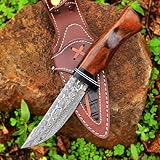 HK Knives Handmade 10''Hunting Knife,Forged Damascus for men,Bushcraft knife with Non-Slip Walnut Wood Handle & Leather Sheath,Damascus best Outdoor Indoor Camping,Survival,Skinning, Rose wood, 5x5