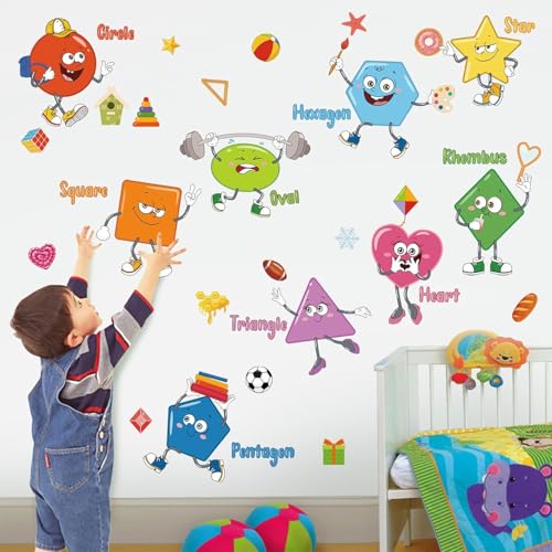 Children's Room Learning Wall Sticker Colourful Cartoon Shapes Wall Sticker Wall Decoration for Classroom Baby Room Playroom Multicolour (120X120 cm)