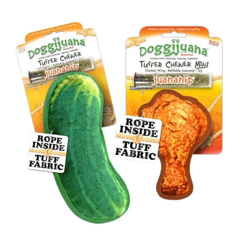Image of Doggijuana Dill Pickle & Chicken Wing Dog Toy Bundle | 2 Pack, Squeaky | Refillable squeaky plush dog toy + organic calming catnip; eases anxiety, stress & storms; drug-free, hand-harvested