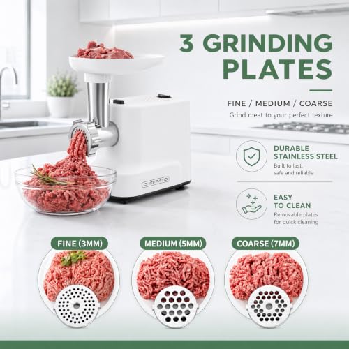 Image of CHEFFANO Meat Grinder, [2500W Max] Electric Meat Grinders with, 2 Grinding Blades, 3 Plates, Sausage Stuffer, Kubbe Kit, for Home Kitchen Use, 3-In-1 Heavy Duty Mincer