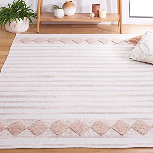 SAFAVIEH Montauk Collection Akzent-Teppich, 90 x 150 cm, Rosa und Elfenbein, Flachgewebe, Boho-Streifen-Design, Baumwolle, pflegeleicht, ideal für stark frequentierte Bereiche im Eingangsbereich,