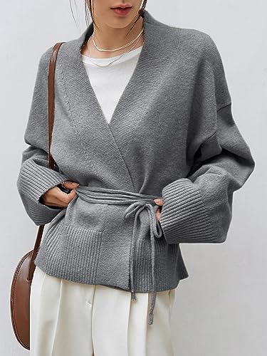 Fall Sweaters Coat for Womens Cardigan - Drop Shoulder Belted Cardigan V Neck Wrap3