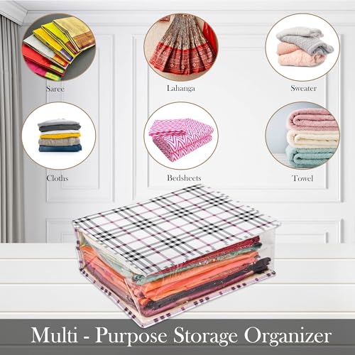 Image of Kuber Industries Saree Cover | Clothes Storage Bag | Storage Organizer Bag | Zip Closure Saree Cover | Side Transparent Wardrobe Organizer | Check-Design | 6 Inch | Cream