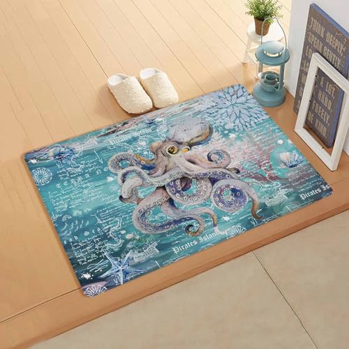Coastal Octopus Antifatigue Kitchen Bath Door Mat Cushioned Runner Rug,Washable Welcome Floor Sink Mat,Waterproof Non-Slip Kitchen Standing Doormat,Nautical Maps Ocean Sea Starfish Retro Green 18